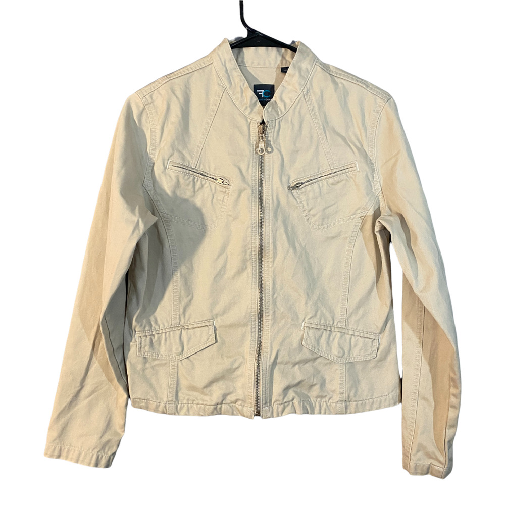 French Cuff Beige Cotton Mandarin Neck Jacket Women Fitted Full Zip Casual Sz M